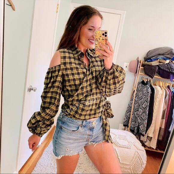 NWT GANNI Green Black Seersucker Wrap Collar Top M - Picture 1 of 14